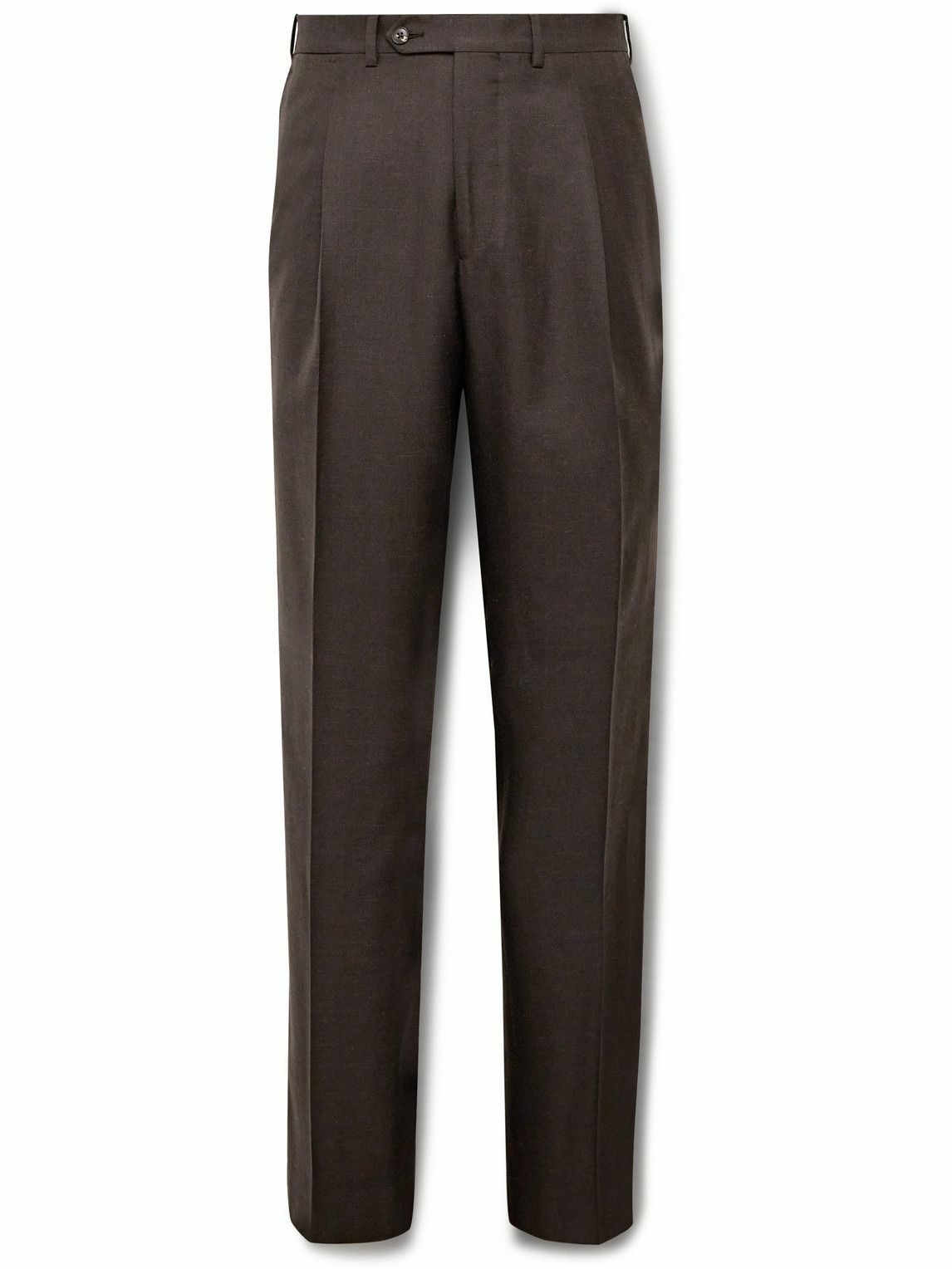 Photo: Saman Amel - Straight-Leg Pleated Herringbone Wool, Silk and Linen-Blend Twill Suit Trousers - Brown