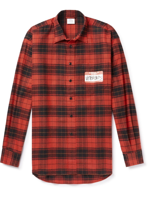 Photo: VETEMENTS - Logo-Print Checked Cotton-Flannel Shirt - Red