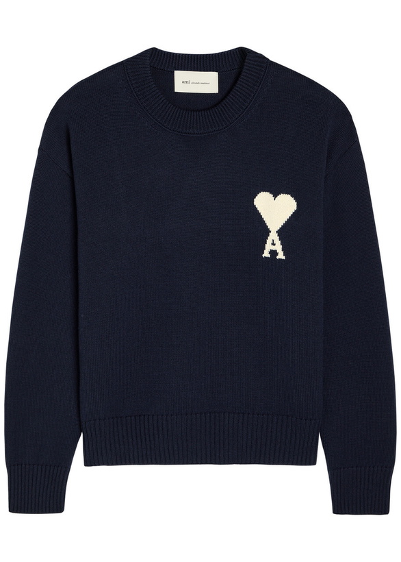 Photo: Ami Paris Logo-intarsia Wool and Cotton-blend Jumper Navy
