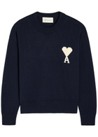 Ami Paris Logo-intarsia Wool and Cotton-blend Jumper Navy