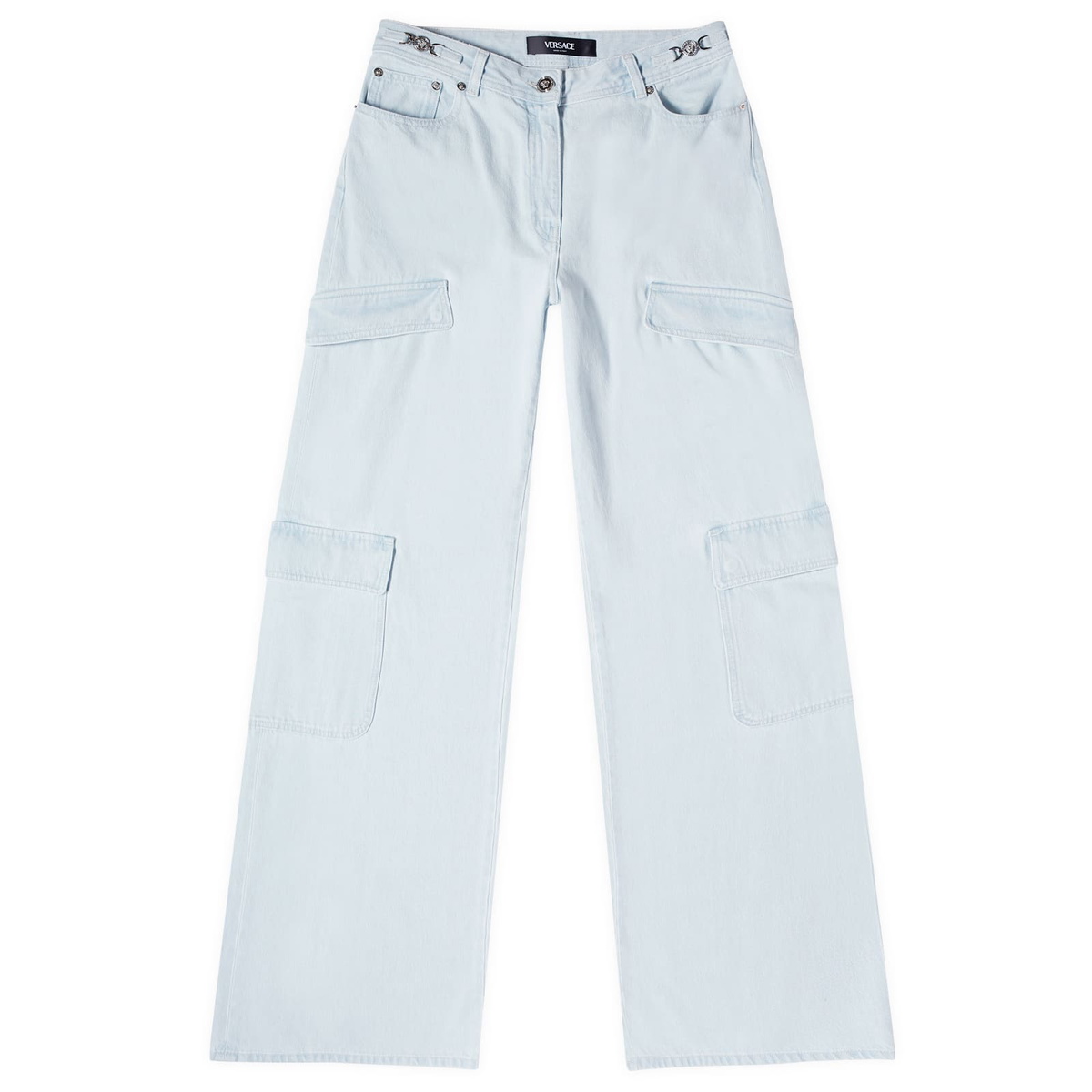 デニム・ジーパン VERSACE LIGHT BLUE DENIM CARGO JEANS Versace Women's Denim Cargo Pants in Light Blue Ice Versace
