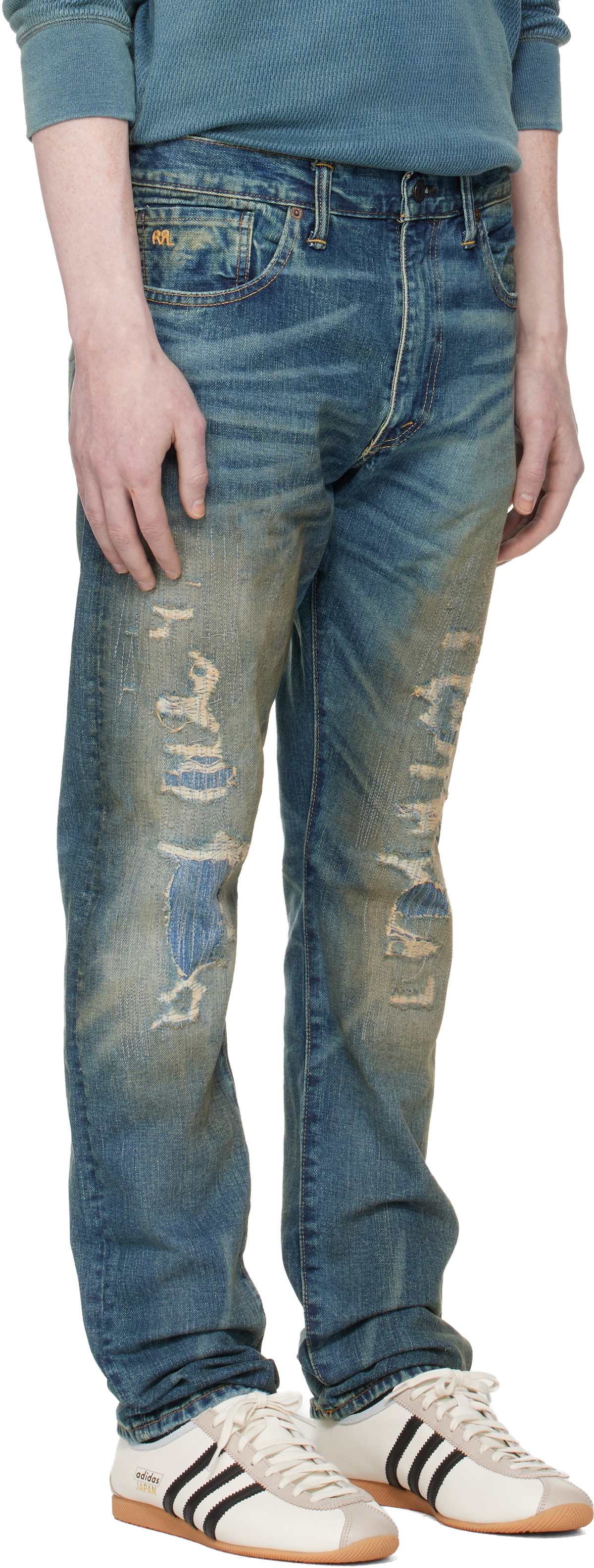 RRL Blue High Slim Brannon Distressed Jeans