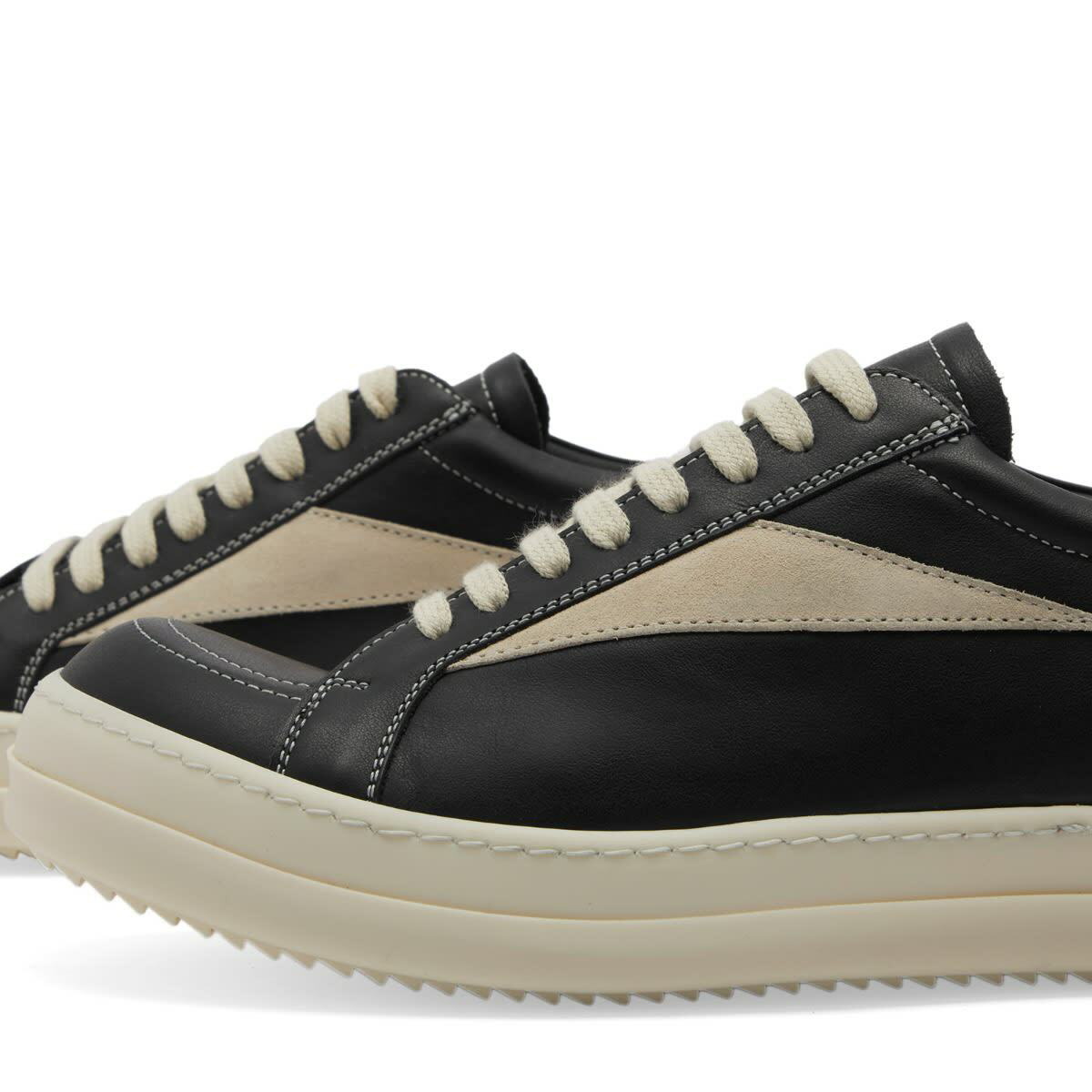 Rick Owens Men's Leather Vintage Sneaks in Black/Milk Rick Owens