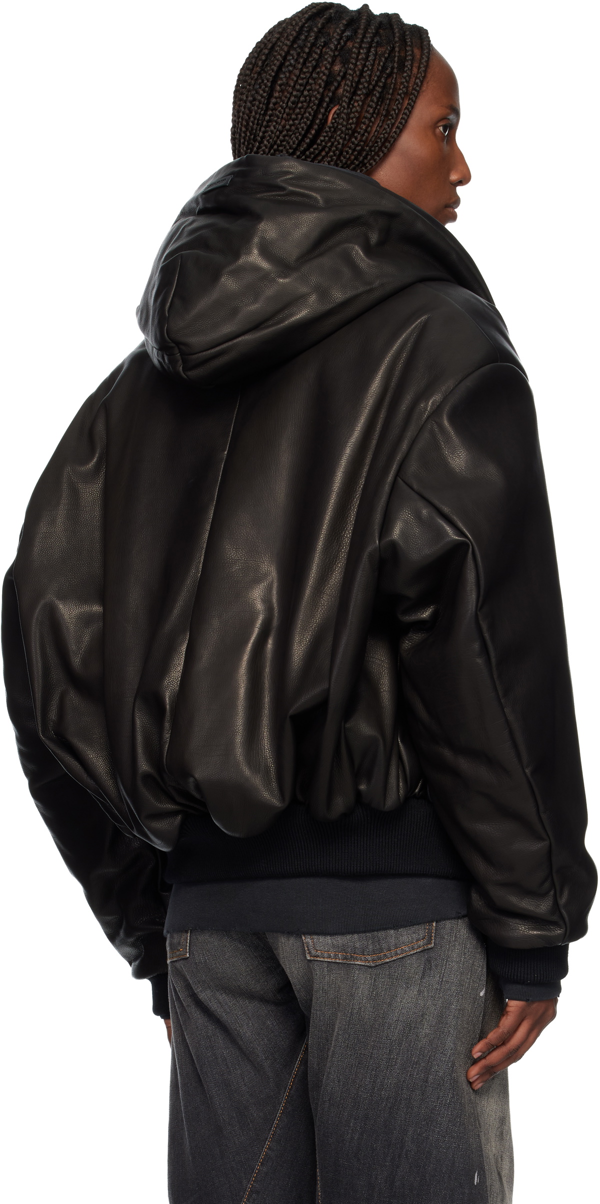 Fear of God Black Hooded Leather Bomber Jacket