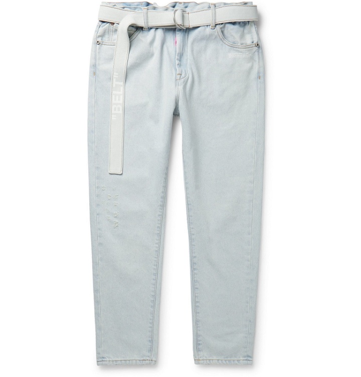 Photo: Off-White - Slim-Fit Belted Logo-Print Denim Jeans - Blue