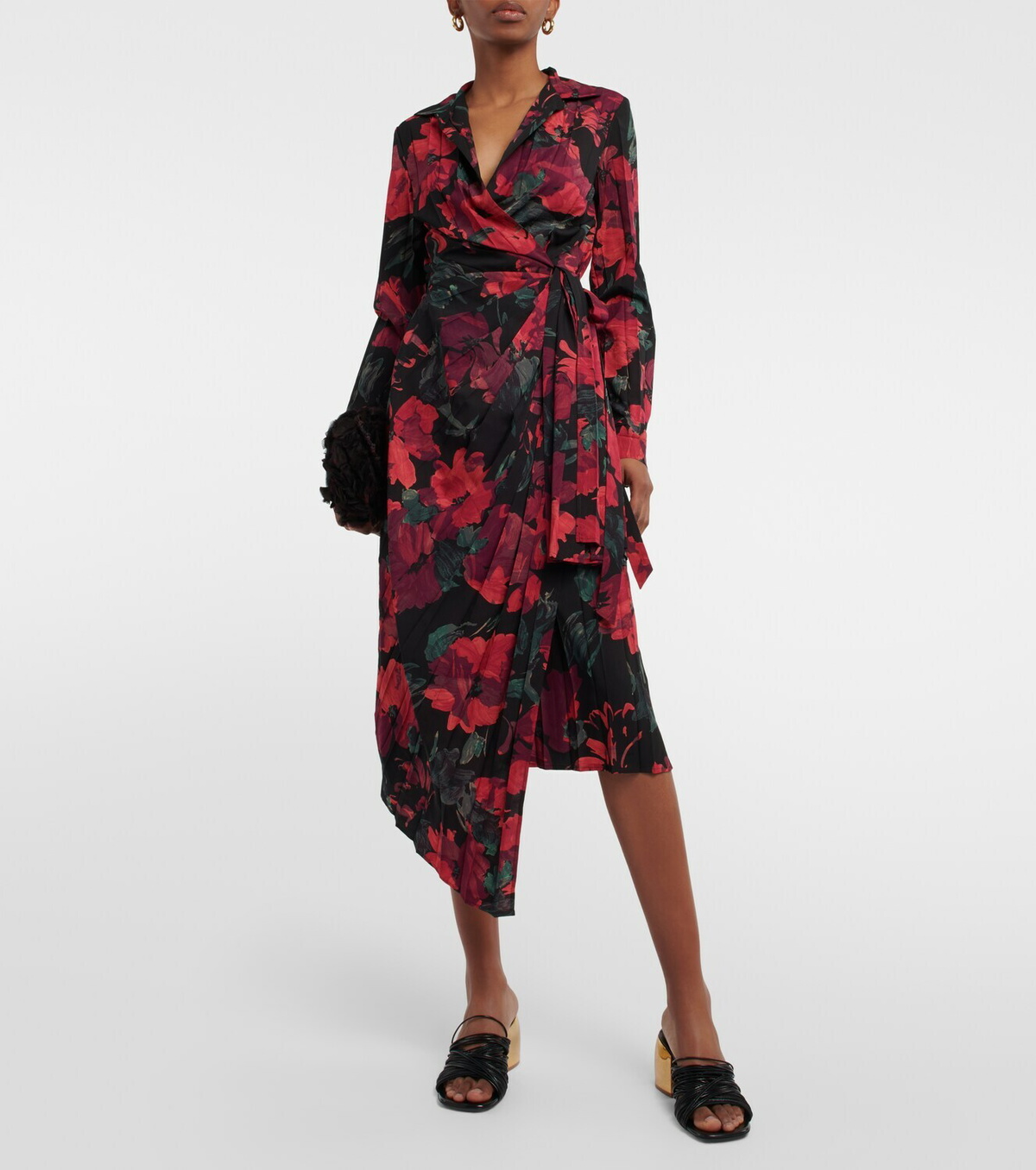 knee length dresses for ladies Red Floral Satin Wrap Midi – Needs No Label main image 0