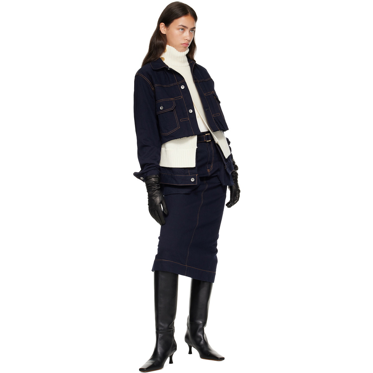 sacai Navy & White Wool Knit x Denim Jacket