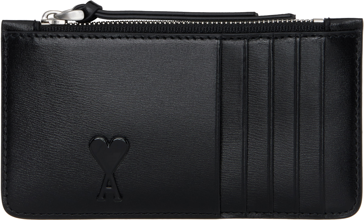 AMI Paris Black Leather Zipped Card Holder