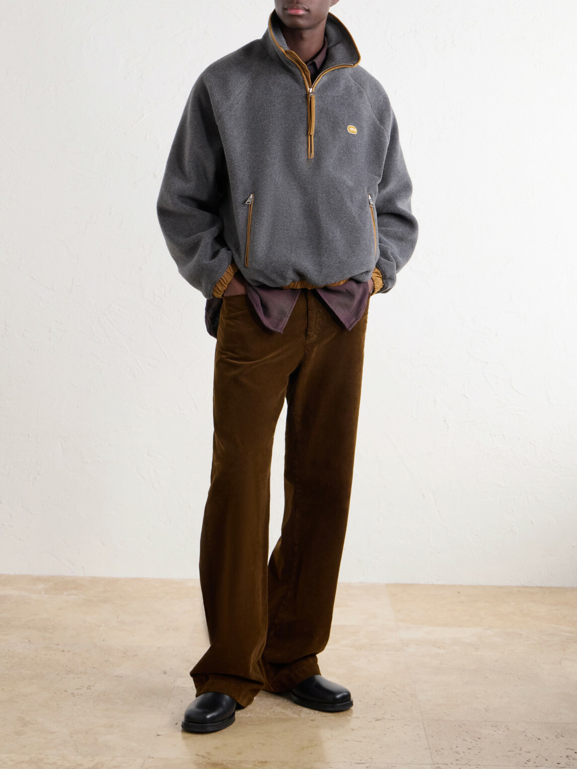 AMI PARIS - Logo-Appliquéd Shell-Trimmed Fleece Half-Zip Sweater - Gray