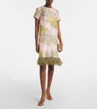 La DoubleJ Swing feather-trimmed floral silk twill minidress