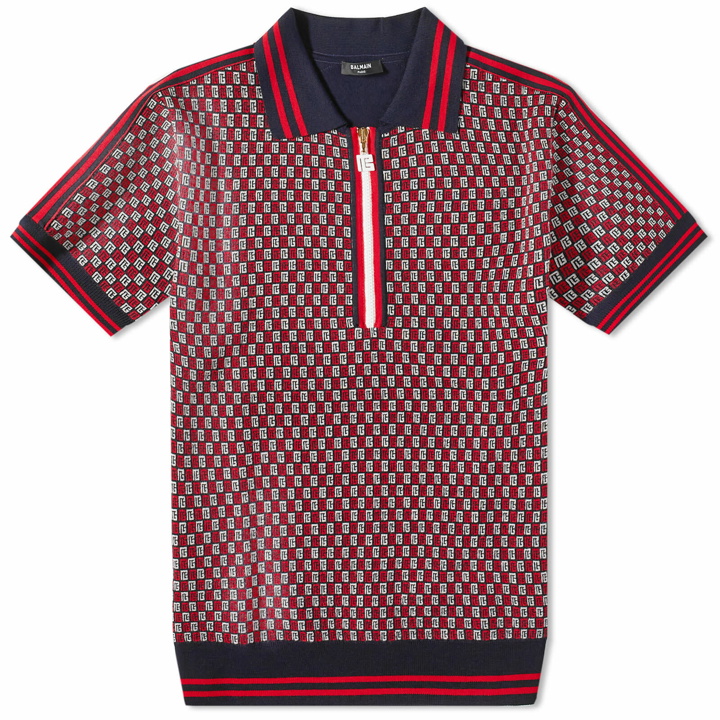 Photo: Balmain Men's Monogram Check Knitted Polo Shirt in Blue/Red/Black