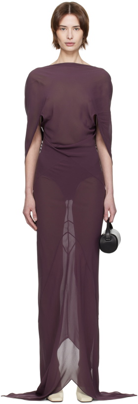 Photo: AARON ESH Purple Drape Back Open Arm Maxi Dress