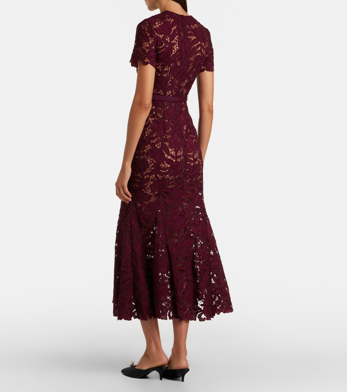 Self-Portrait Belted floral guipure lace midi dress