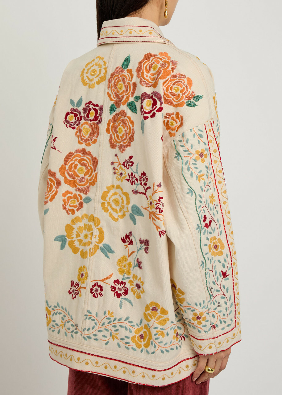 Free People Avery Floral-embroidered Denim Jacket White