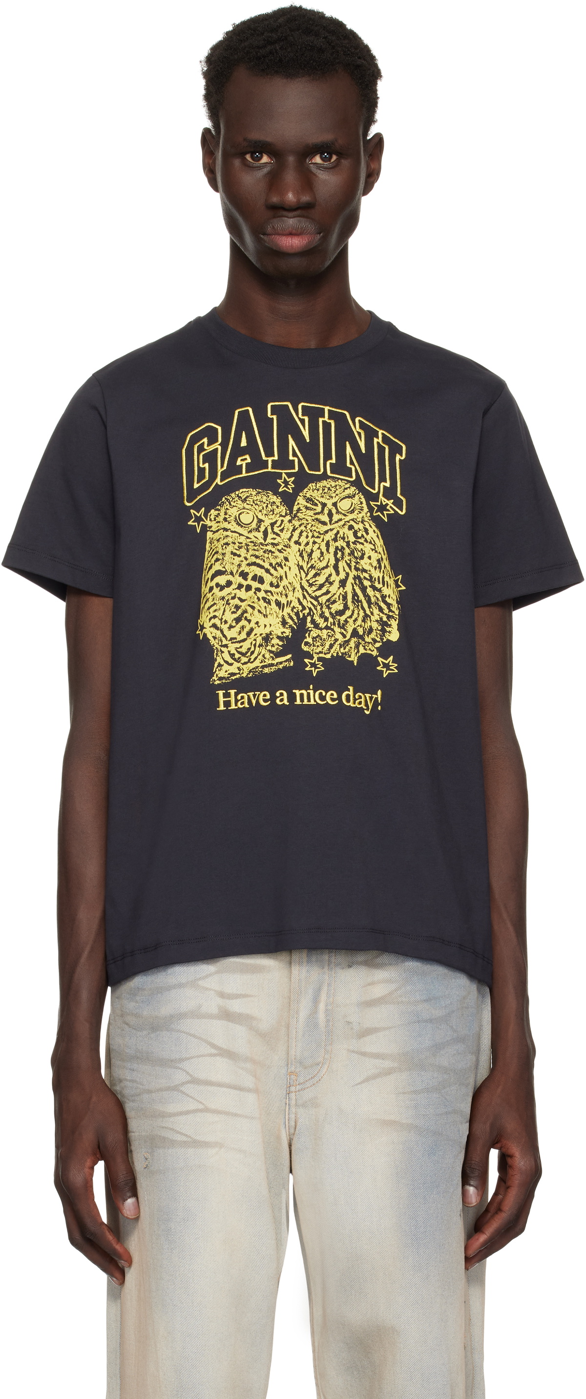 GANNI Black Basic Jersey Owls Relaxed T-shirt
