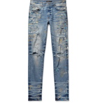 AMIRI - Skinny-Fit Distressed Paint-Splattered Stretch-Denim Jeans - Light blue