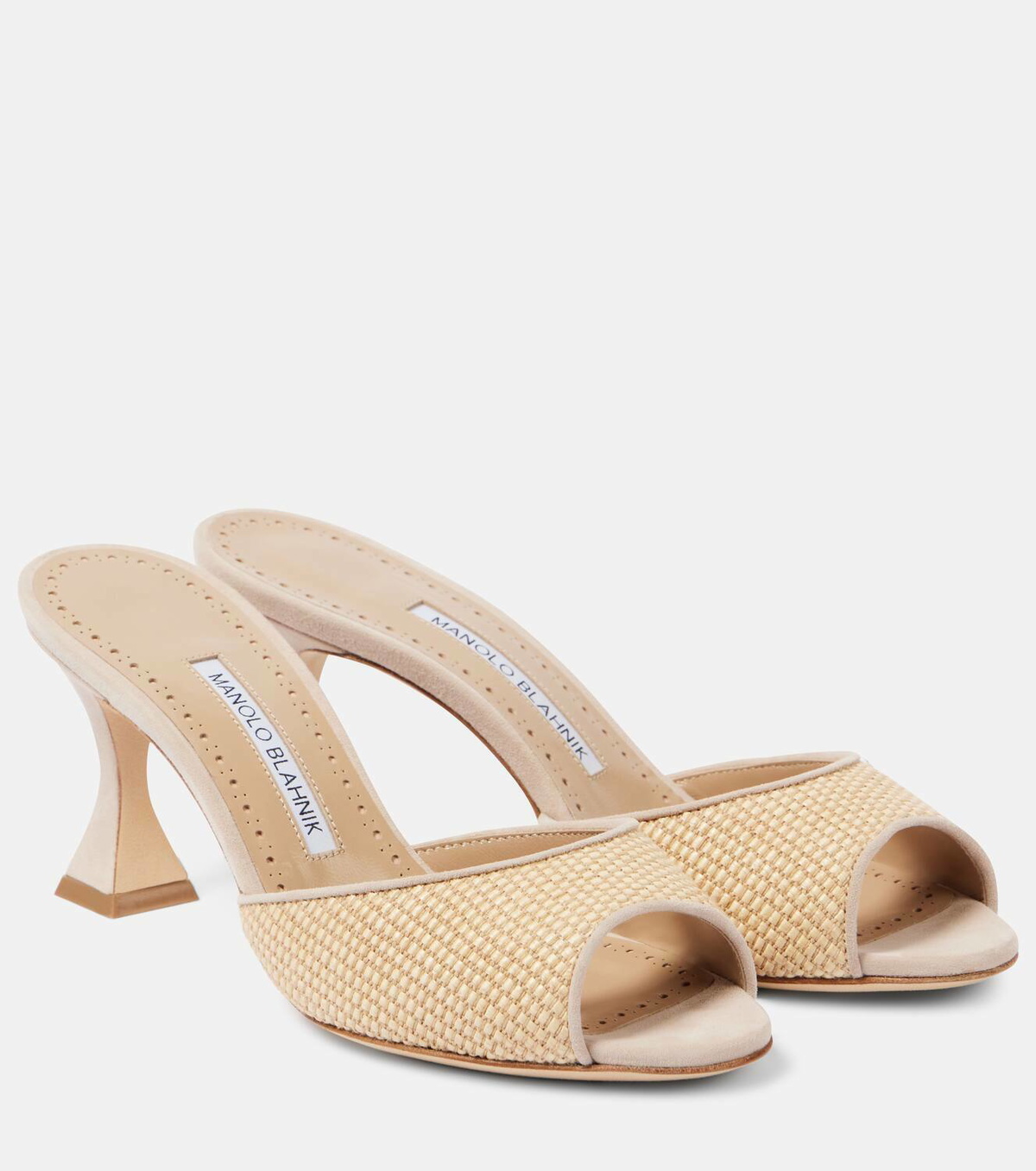 【Manolo Blahnik】『Jadara70』ラフィア ミュール レザートリム MANOLO BLAHNIK Jadara 70 leather-trimmed raffia mules | NET