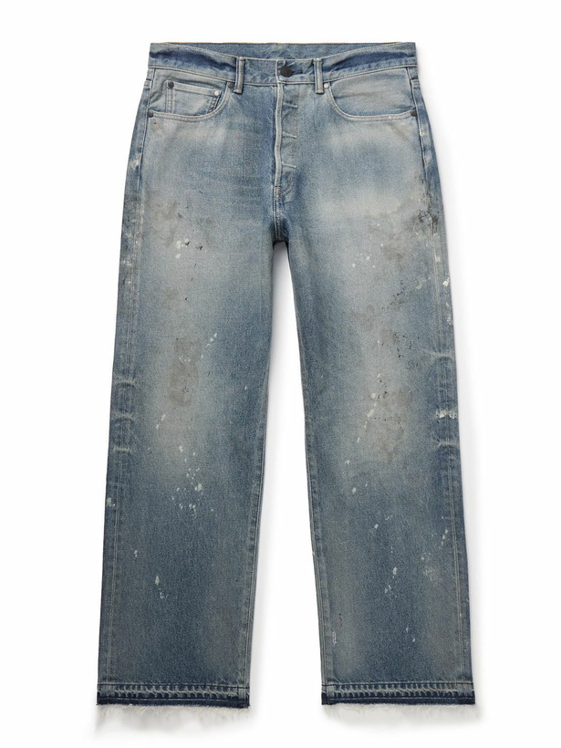 Photo: John Elliott - Wyatt Straight-Leg Distressed Paint-Splattered Jeans - Blue