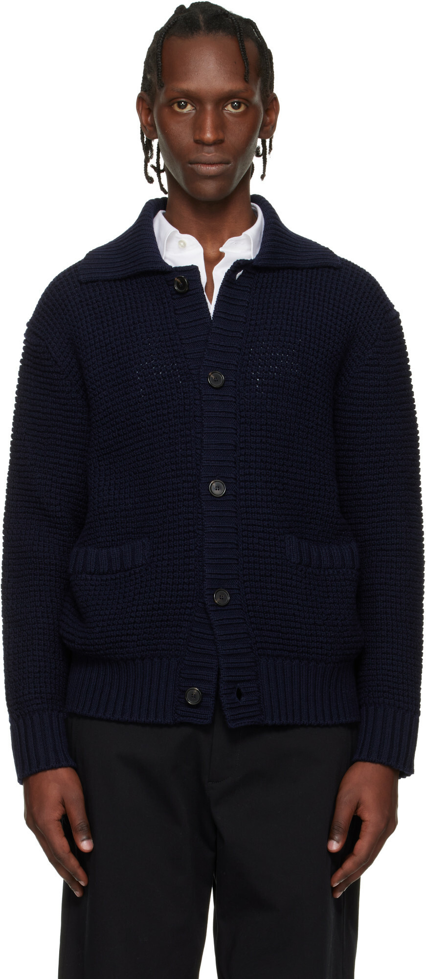 BOSS Navy Spread Collar Cardigan