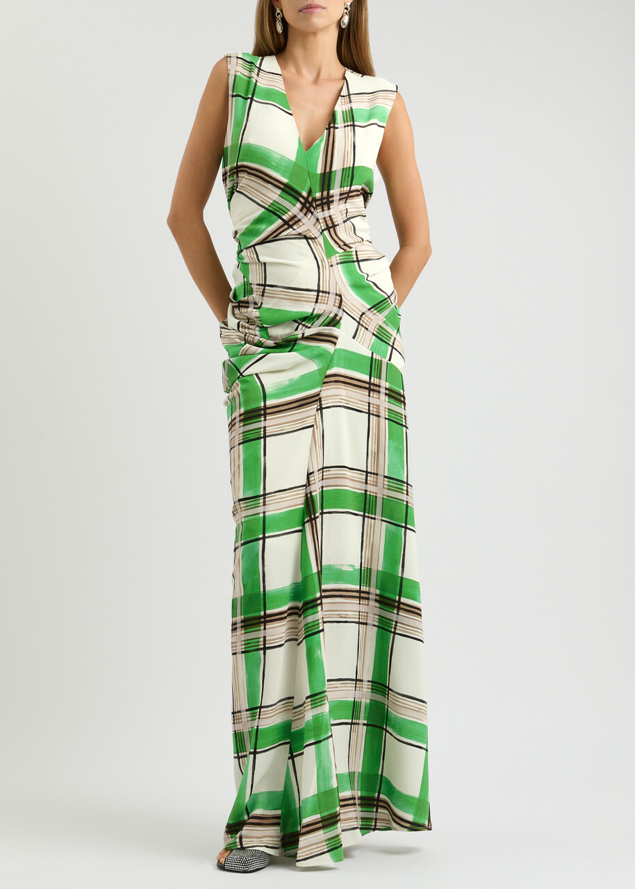 Dries Van Noten Daring Checked Draped Maxi Dress Green Dries Van Noten