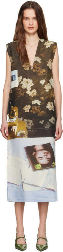 Photo: Jil Sander Brown & Blue Wool Blend Printed Midi Dress