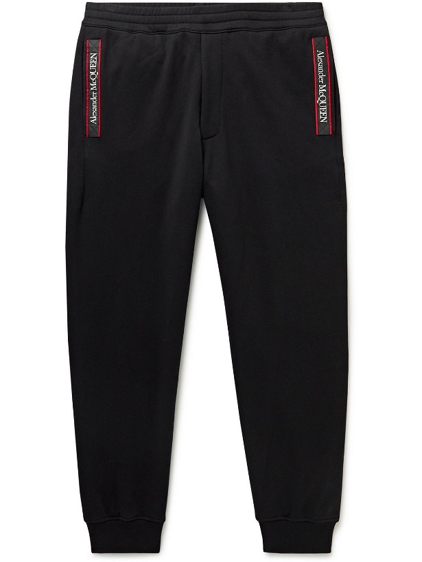 Photo: Alexander McQueen - Tapered Logo Webbing-Trimmed Cotton-Jersey Sweatpants - Black