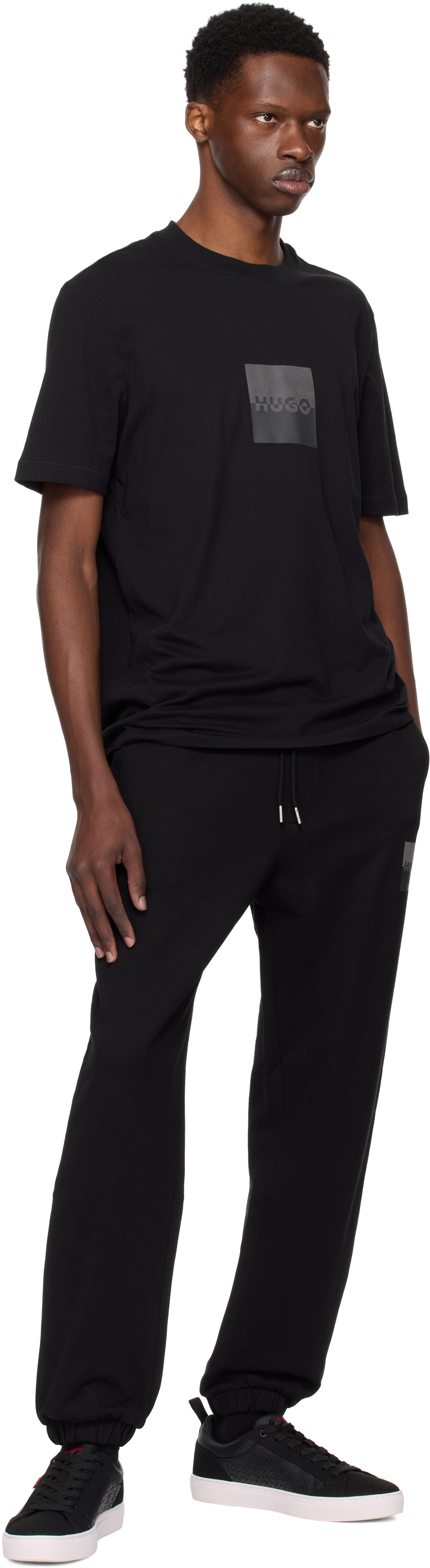 Hugo Black Cotton Terry Split Logo Sweatpants