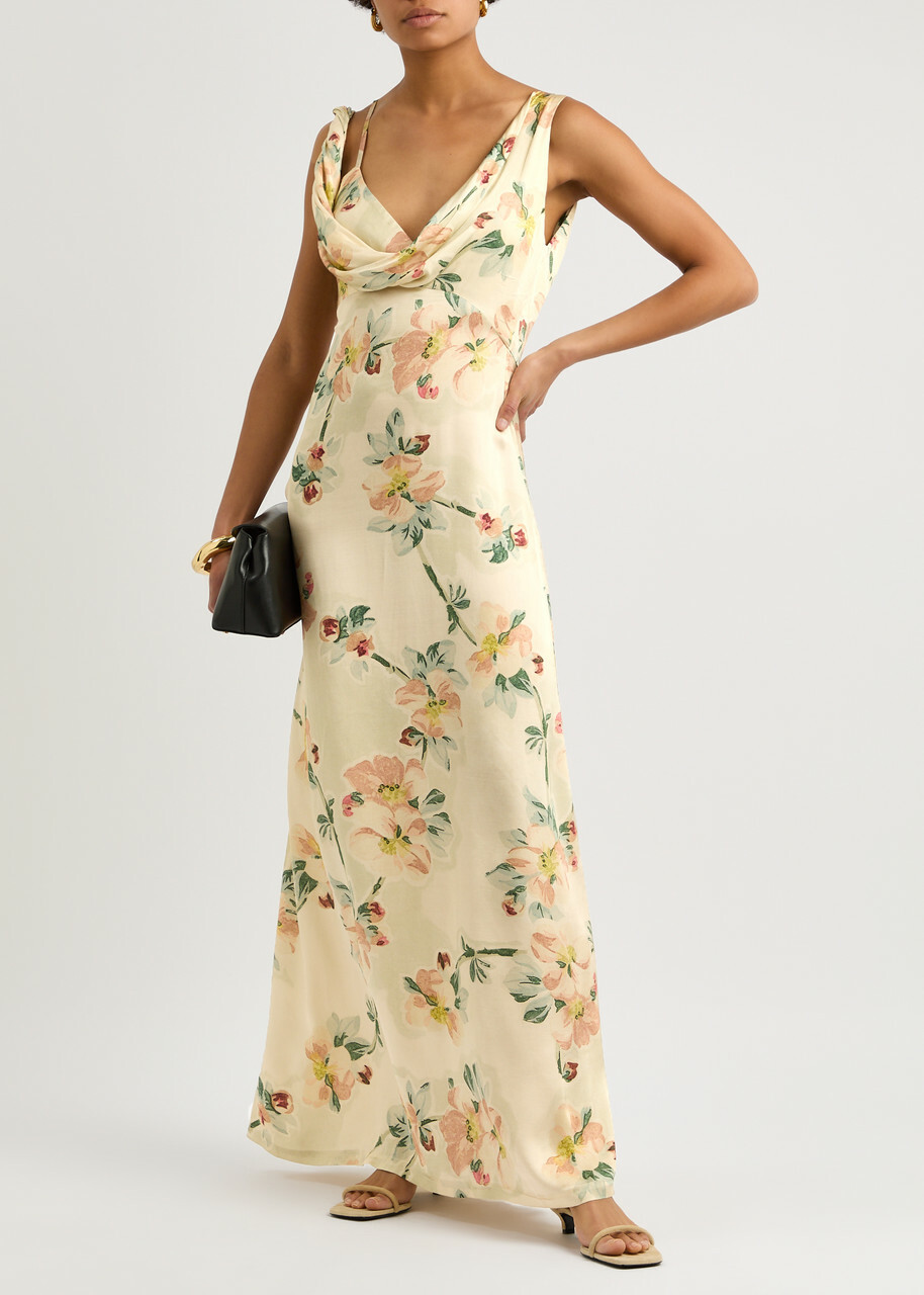 chinese dress ladies Lace-Trim Satin Floral Maxi Dress