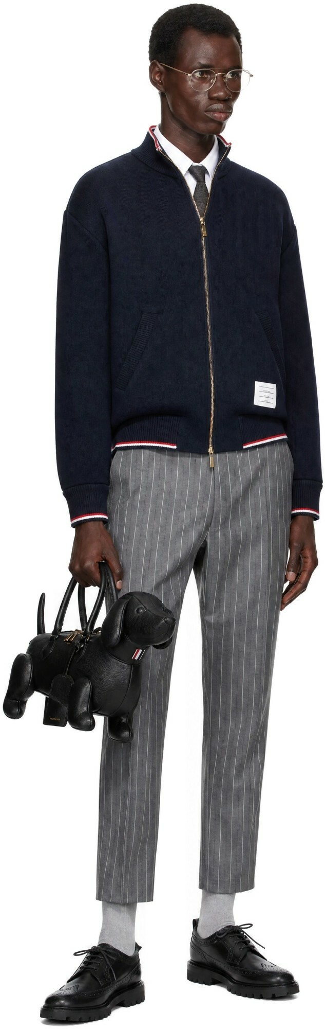 Thom Browne Navy Funnel Neck RWB Tipping Zip Jacket