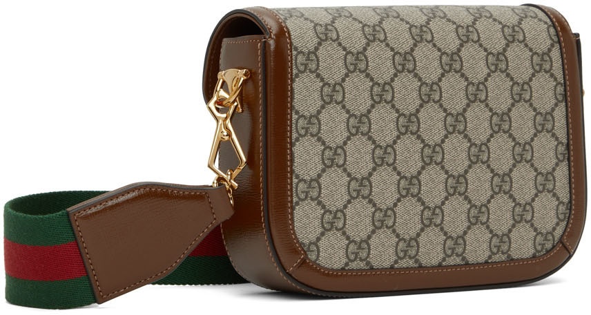 Gucci Horsebit 1955 Small Brown Leather Shoulder Bag In Beige & Ebony GG  Supreme