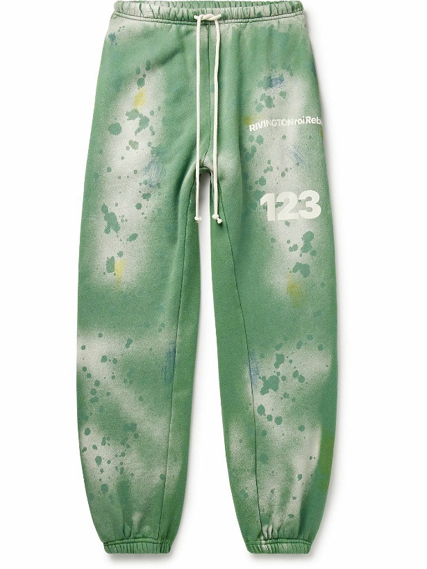 Photo: RRR123 - Gym Bag Logo-Print Paint-Splattered Cotton-Jersey Sweatpants - Green