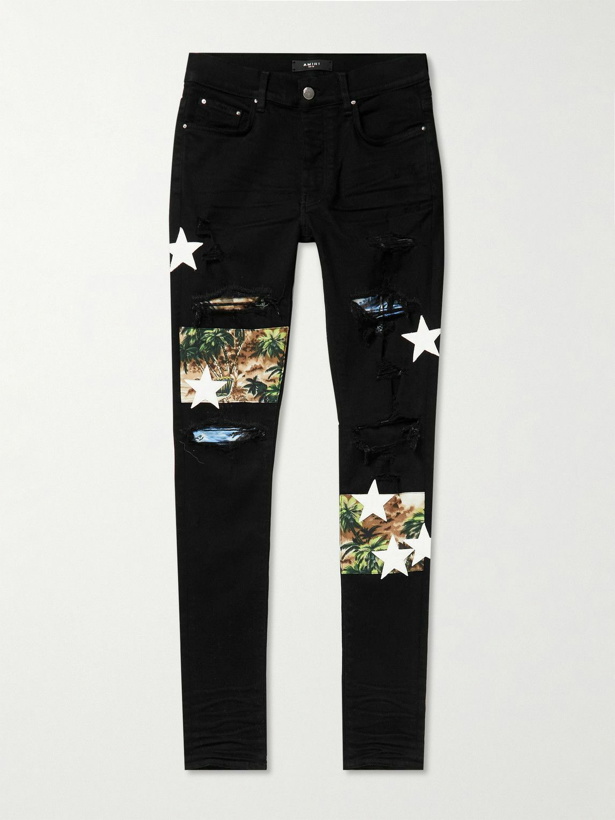 Photo: AMIRI - Skinny-Fit Leather-Appliquéd Panelled Distressed Jeans - Black