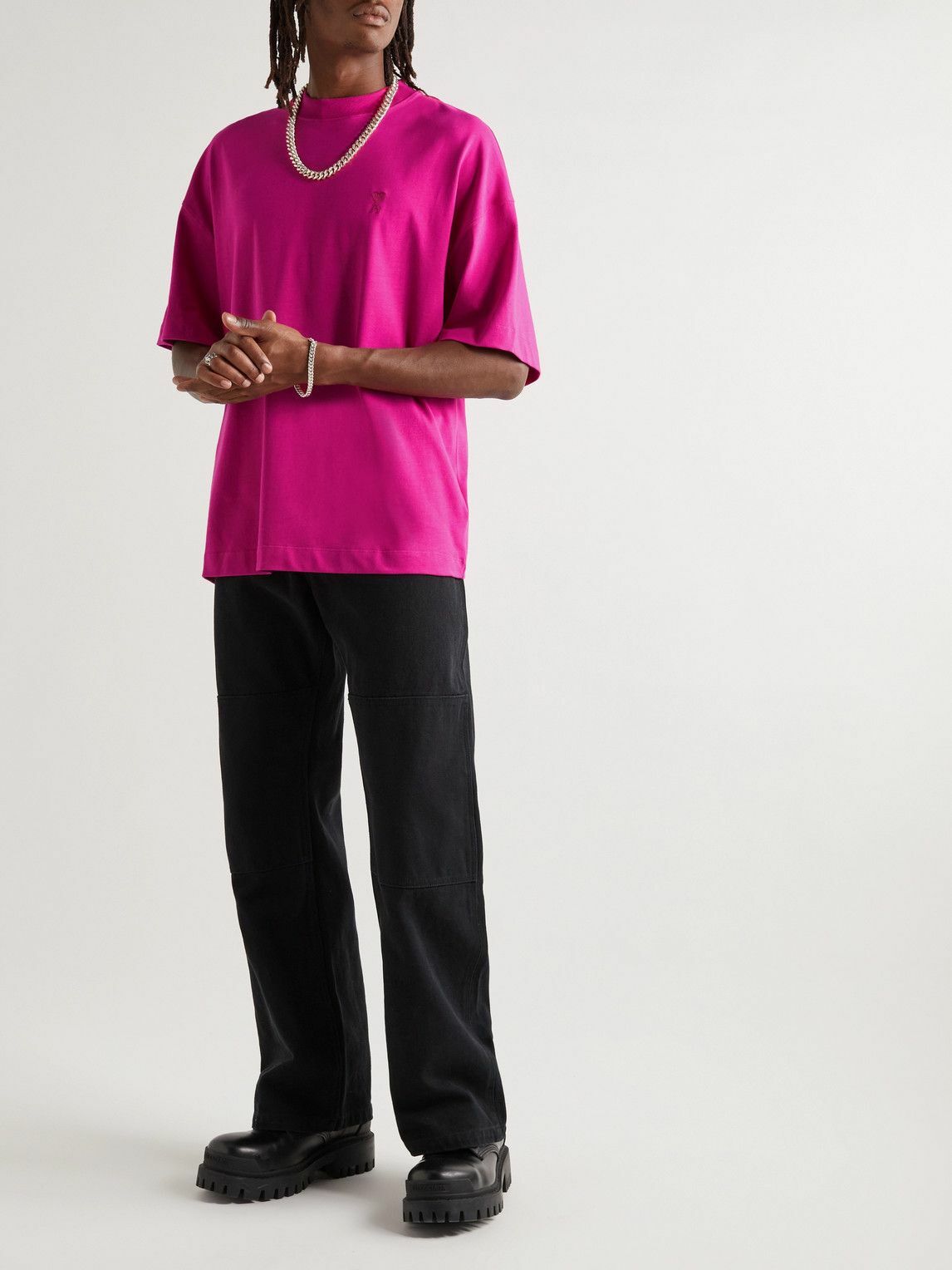 AMI PARIS - Logo-Embroidered Organic Cotton-Jersey T-Shirt - Pink AMI