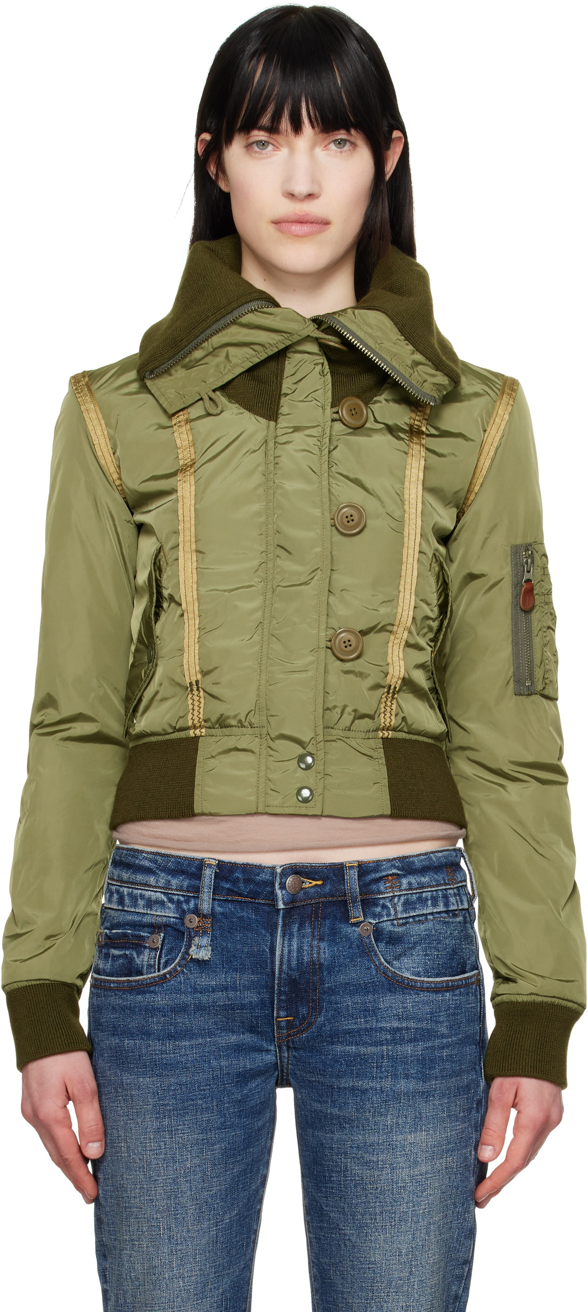 R13 Khaki Zip Collar Flight Bomber Jacket R13