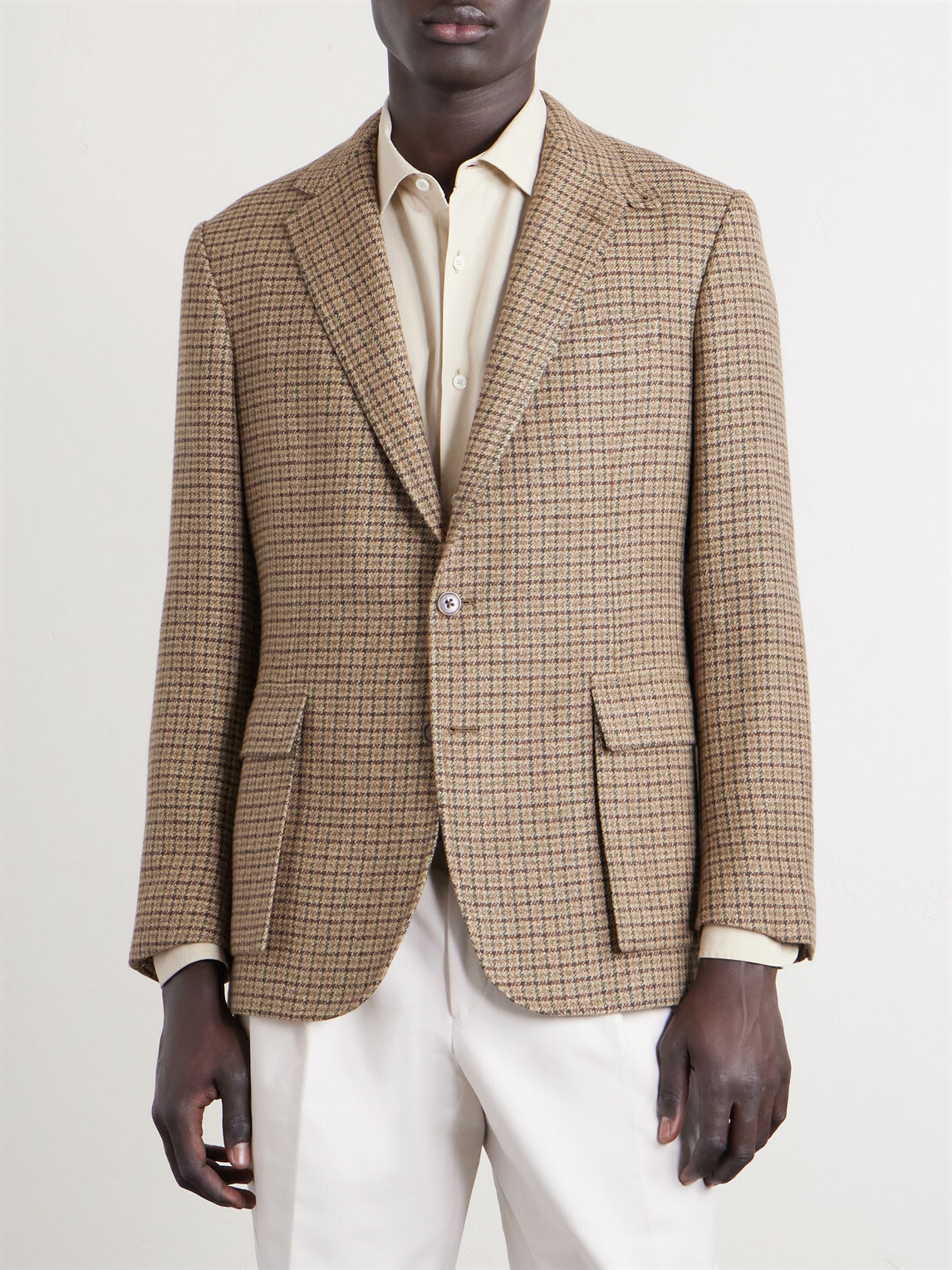 Ralph Lauren Purple label - Kent Suede-Trimmed Checked Linen and Wool-Blend Blazer - Brown