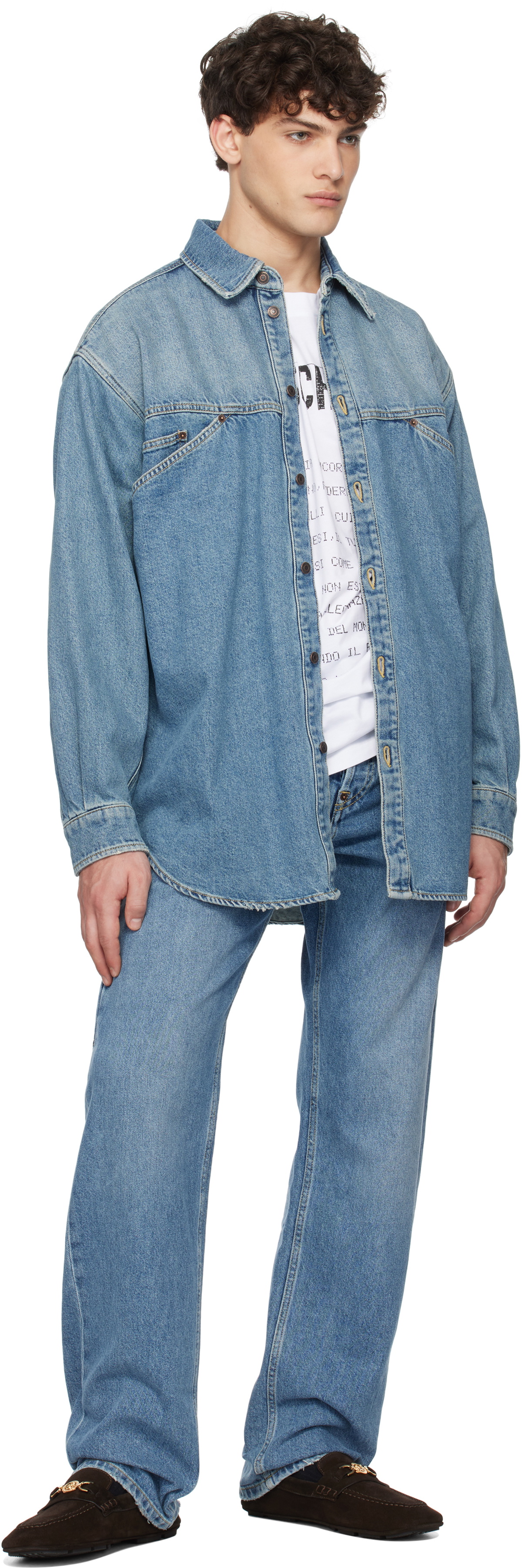 Moschino Blue Laurel Crown Emblem Denim Shirt
