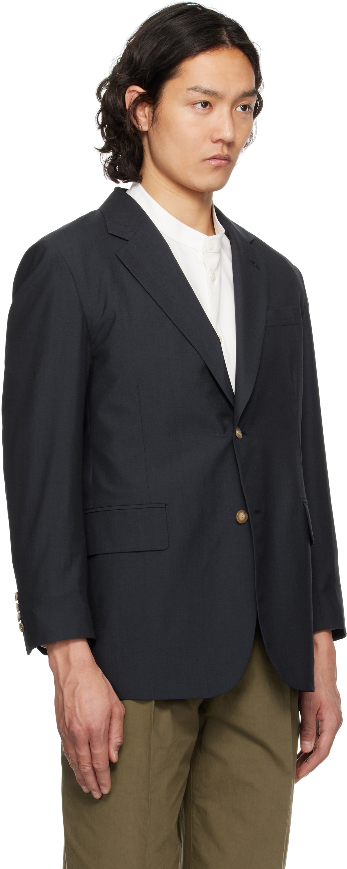 YLÈVE Navy Wool Chambray Blazer