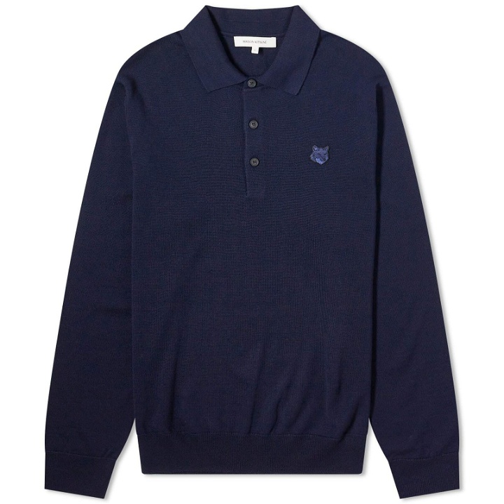 Photo: Maison Kitsuné Men's Bold Fox Head Patch Knitted Polo Shirt in Ink Blue