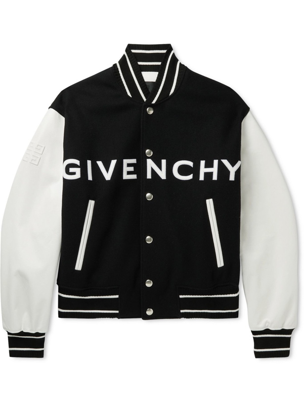 Photo: GIVENCHY - Logo-Appliquéd Leather-Trimmed Wool-Blend Bomber Jacket - Black