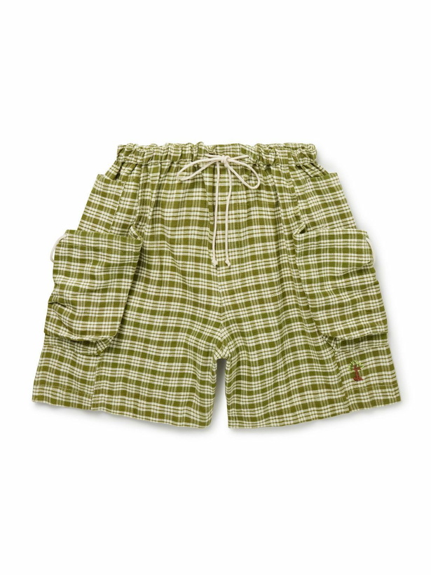 Photo: Story mfg. - Salt Wide-Leg Checked Organic Cotton-Canvas Drawstring Shorts - Green