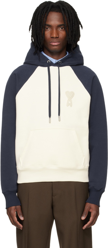 Photo: AMI Paris Off-White & Blue Cotton Knitted Ami de Coeur Hoodie