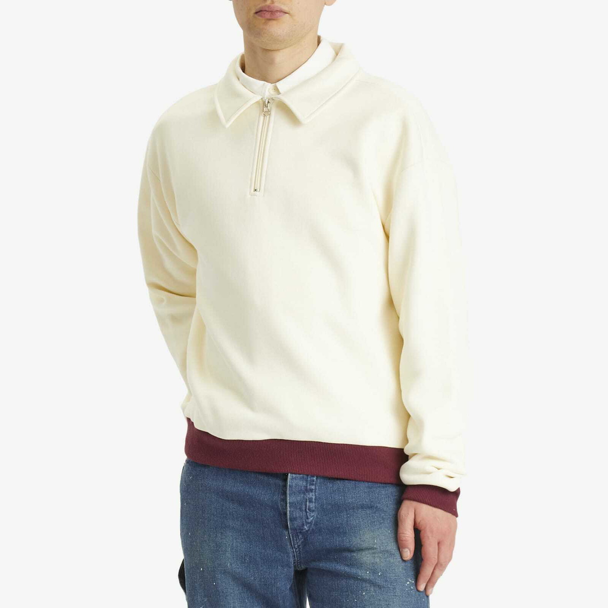 Dubbleware Men's Contrast Quarter Zip Sweatshirt in Ecru/Burgundy