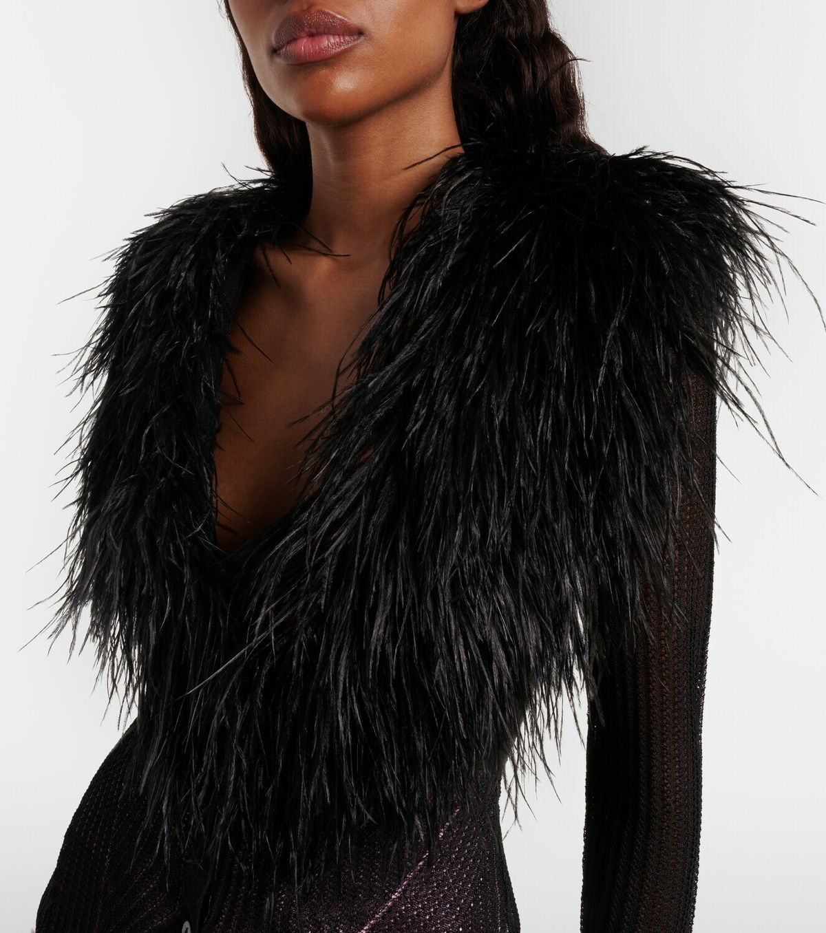 Blumarine Feather-trimmed ribbed-knit cardigan