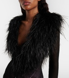 Blumarine Feather-trimmed ribbed-knit cardigan