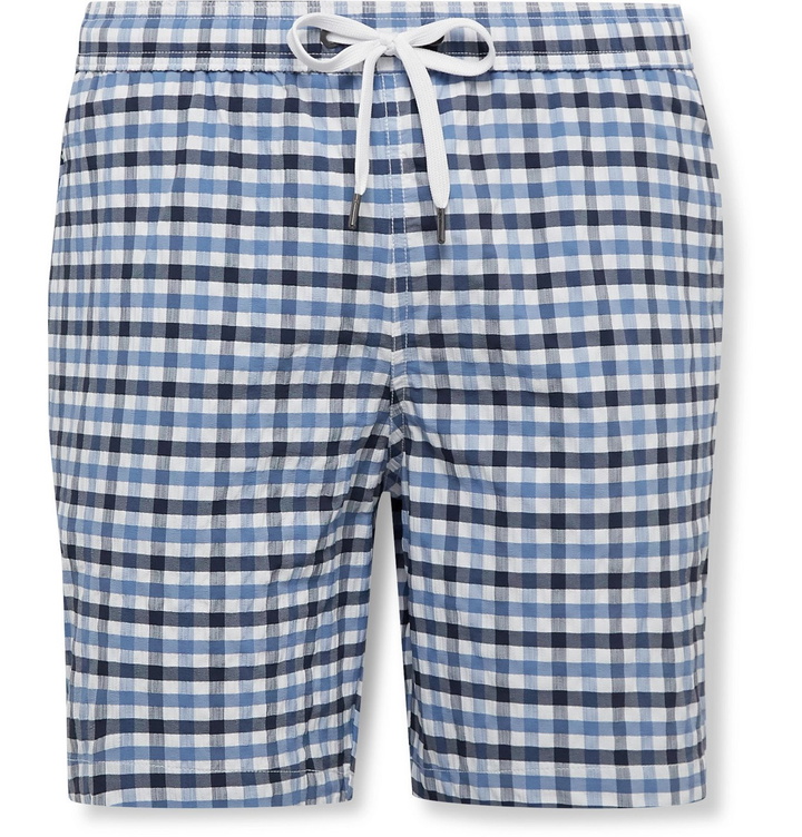 Photo: Onia - Charles Long-Length Gingham Seersucker Swim Shorts - Blue