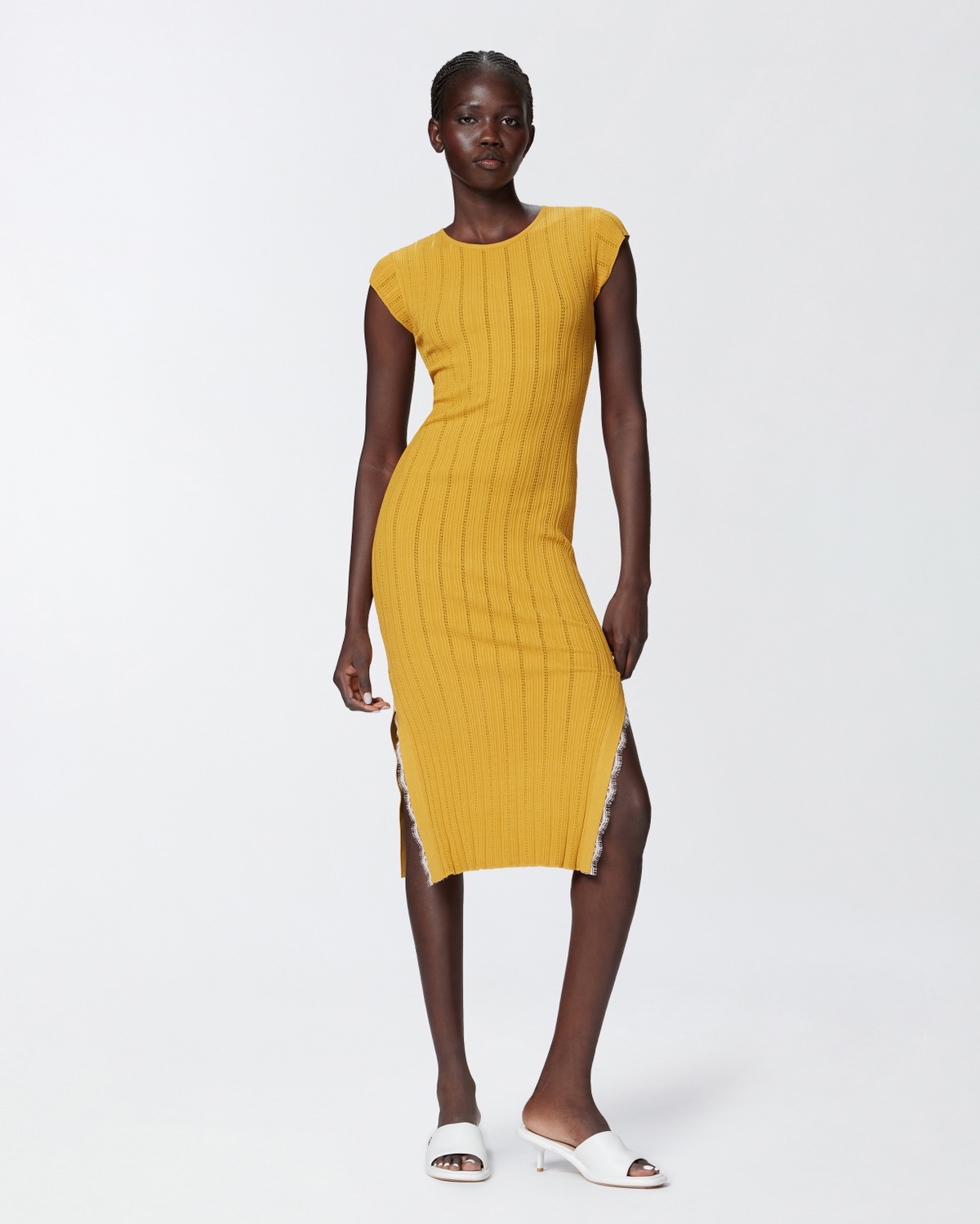 Pinko Knit Midi Dress With Openwork Yellow/Nude