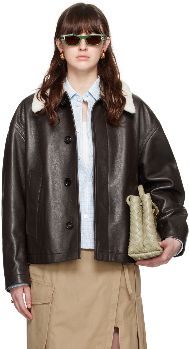 Bottega Veneta Brown Detachable Collar Leather Jacket