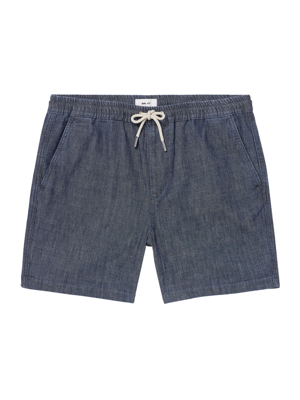 Photo: NN07 - Gregor 10056 Straight-Leg Cotton-Chambray Drawstring Shorts - Blue