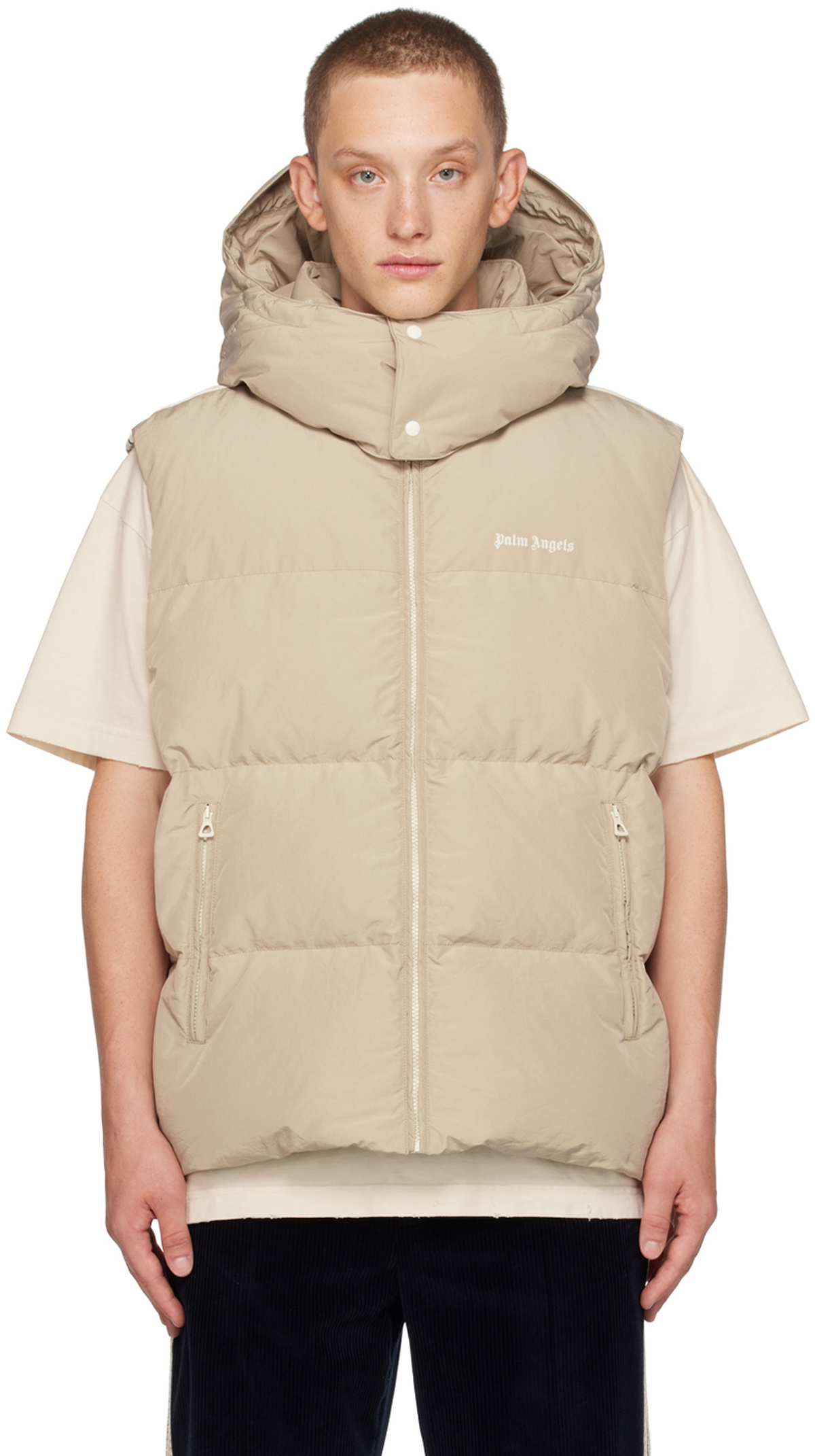 Palm Angels Beige Embroidered Down Vest Palm Angels