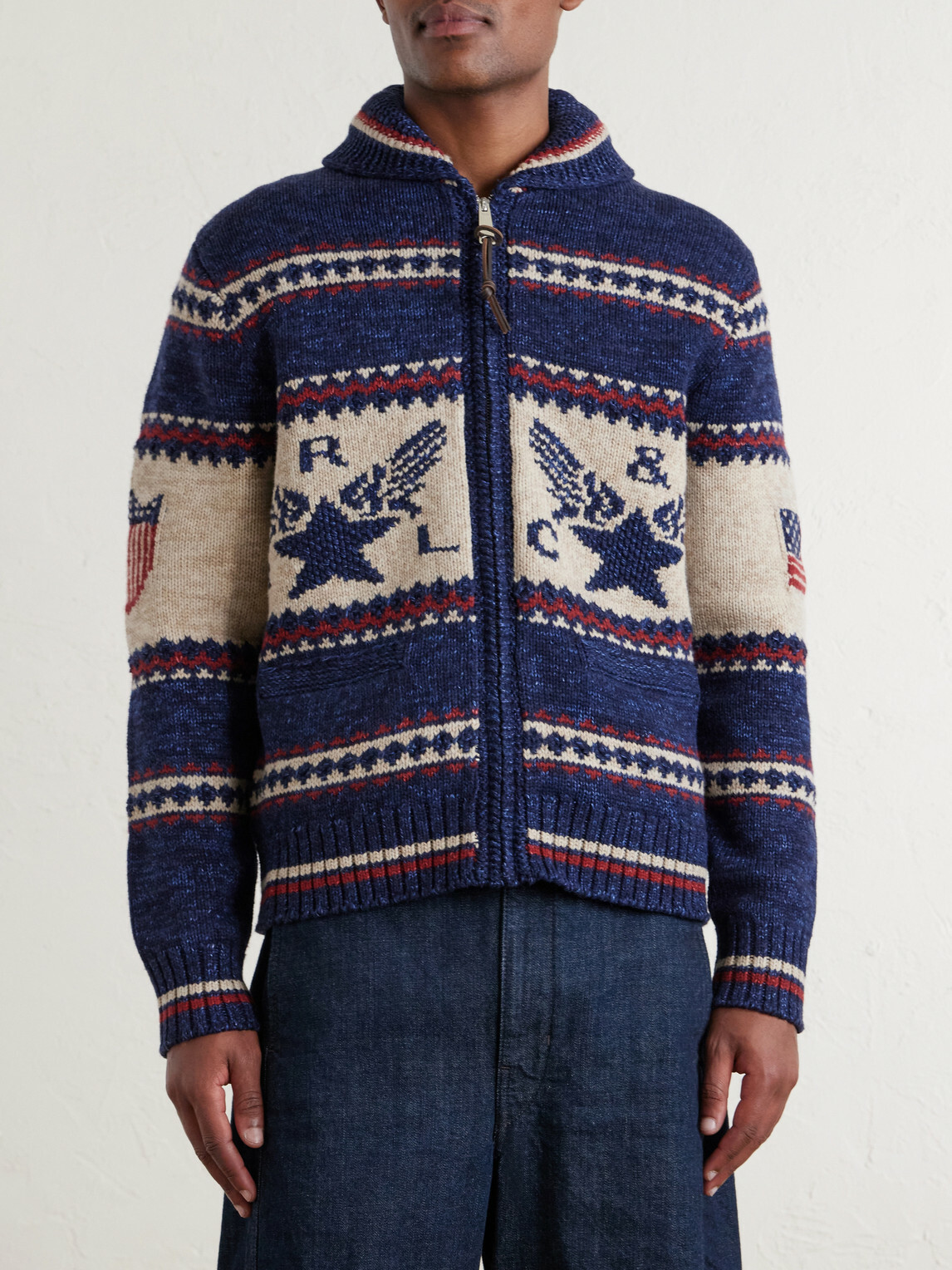 RRL - Shawl-Collar Cotton, Wool and Linen-Blend Jacquard Cardigan - Blue